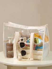 حقيبة شاطئ قطعة واحدة، حقيبة تخزين ملابس شفافة مقاومة للماء من البي في سي، حقيبة سفر كبيرة السعة محمولة للمكياج والعناية، باستثناء العناصر الموجودة داخل الحقيبة