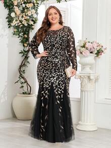 Đầm dạ hội dáng đuôi cá cỡ lớn thêu hoa đính sequin, đầm dài tay thanh lịch, thích hợp cho lễ tốt nghiệp, dạ tiệc, các buổi tiệc trong mọi mùa, màu đen xuân. - màu đen - Xem 3