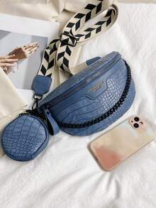 2 件复古女士鳄鱼压纹胸包带零钱包，斜挎包腰包单肩包多功能轻便便携式拉链封口可调节肩带适用于日常通勤包适合旅行度假商务超市节日运动户外工作购物通勤礼物送给朋友纯色 PU 皮革时尚链条装饰休闲朋克时髦酷炫适合学生闺蜜和女性白领旅行配件