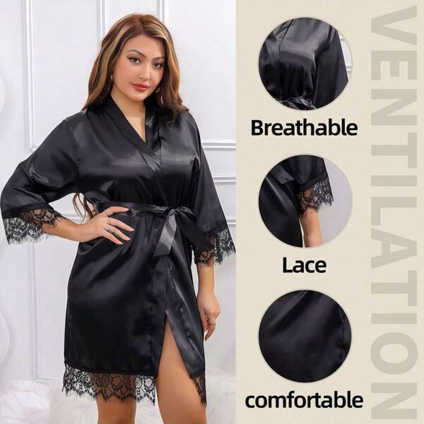 1PC Women's Black New Long Sleeve Casual Comfortable Breathable Sexy Tie Home Bathrobe,Four Seasons Home Bathrobe,Summer Bathrobe,Autumn Bathrobe,Winter Bathrobe