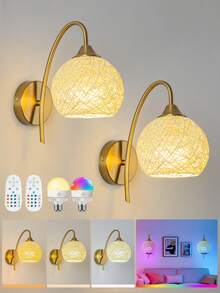 Battery Powered Wall Lamp Set, Gold Wireless Charging Wall Light With 2000mAh Dimmable Detachable Bulb And Remote Control, 15 Colors Wall Lamp For Bedroom, Living Room, Corridor Decor - 15RGB - View 1