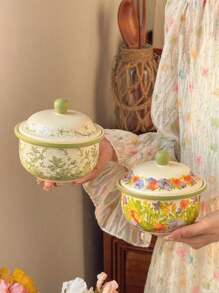 1pc Vintage Floral Ceramic Bowl With Lid, Spoon Included, Rustic Lily Of The Valley Green Casserole Dish, Homemade Dessert & Soup Bowl, Creative Dinnerware, Suitable For Daily Use