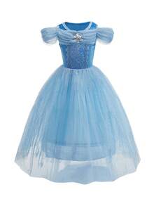 6pcs Set Light Blue Girl's Puff Sleeve Rhinestone Mesh Dress With Accessories, Children's Christmas & Halloween Party Costume Outfit - Light Blue - View 3