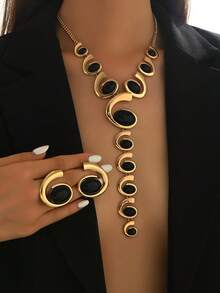 4pcs/Set Women Jewelry Set, Multiple Asymmetrical Spiral Shape Black Rhinestone Embellished Necklace, Bracelet, Earrings, And Ring, Classic Elegant Style For Daily Wear, Party, Gift - Yellow Gold - View 11