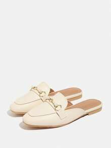 Women's Classic Round Toe Flat Shoes, Spring/Autumn Slip-On Casual Mary Jane Shoes With Buckle & Rhinestones, Comfortable & Elegant Mule Loafers In Apricot Color - لون مشمشي - مشاهدة 5