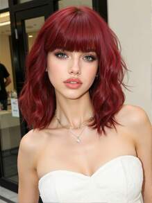 14 "Short Curly Wavy Wig With Bangs Red Wavy Wig For Women Synthetic Heat Resistant Wig For Women Girls Daily Party Cosplay Halloween Wig Holiday Gift