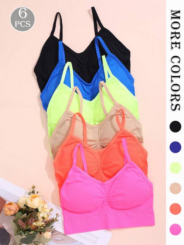 6pcs/Set Women's Neon Color Cute Sweet Wireless Pullover Bras