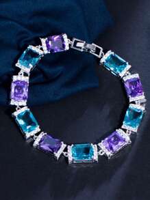 1 件精美镀银 CZ 紫色和蓝色方晶锆石方形网球串珠链式手链，适合新娘、珠宝、新娘、婚礼、派对、舞会、女士、女友、圣诞礼物 - 藍色 - 查看 4