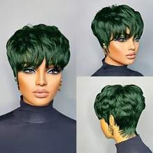 Brazilian Human Hair Pixie Wig - Glueless Short Layered Green Wig With Bangs For Women, Straight Cut, 150% Density, Versatile Style For All Ethnicities, Hair Wig - 綠色 - 查看 3