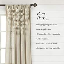LUSH DECOR Boho Pom Pom Tassel Linen Window Curtain Panel Navy Single 52X84 Halloween-Fall Decor-Room Decor - 深亞麻色 - 查看 1