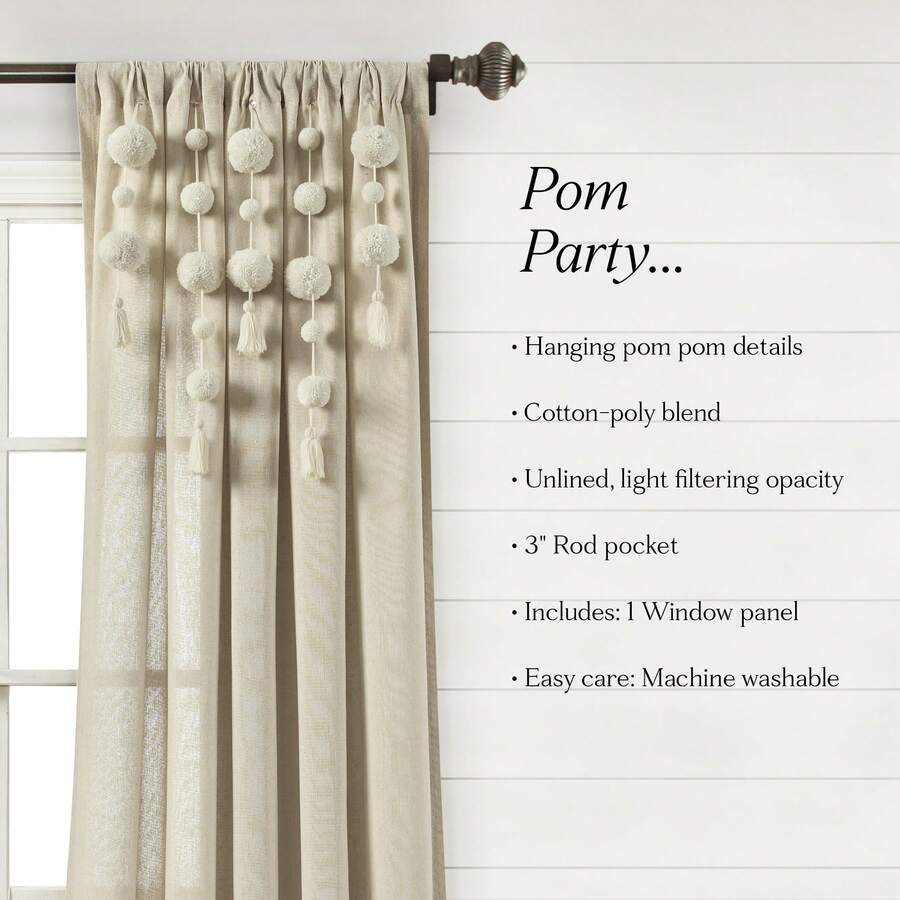 LUSH DECOR Boho Pom Pom Tassel Linen Window Curtain Panel Navy Single 52X84 Halloween-Fall Decor-Room Decor - 深亞麻色 - 查看 1