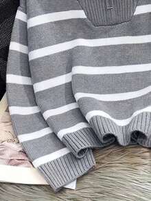 女式拉链条纹针织毛衣，秋冬季百搭打底衫 - 灰色 - 查看 2