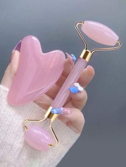 1 pieza Juego de herramientas de masaje facial, que incluye rodillo, tabla de masaje, tabla de raspado corporal Gua, opciones de color rosa y blanco, productos de belleza, cuidado de la piel, spa, autocuidado, herramientas de cuidado de la piel, cuidado facial, suministros de esteticista, masaje, herramienta de masaje facial, rodillo facial