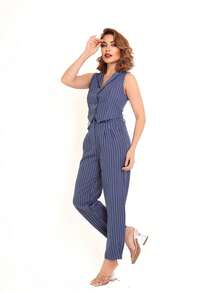 Women's Two-Piece Set With Striped Vest And Pants - Blue and White - View 3