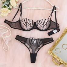 EverydayBra 女士黑色刺绣贝壳形网纱性感内衣套装，半透明镂空网纱性感迷人日常内衣两件套，女士文胸，适合所有季节 - 黑色 - 查看 7