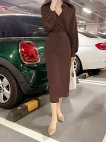 Plus Size Women's Shirt Dress, French Elegant Style With Waist Tie, Loose Top And Slim Fit Bottom, Mid-Length Collared Shirt Dress, Suitable For Daily Outings, Travel, Brunch, Tea Parties, Commute, Airport, Spring/Summer & Spring/Autumn