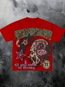 "Y2K Street " Cotton Short-Sleeved T-Shirt: Positive "TRAPVERSITY" Printing+Personalized Pattern, Y2K Retro Style, Pure Cotton Material, Conveying  And Money Attitude. - 紅色 - 查看 1