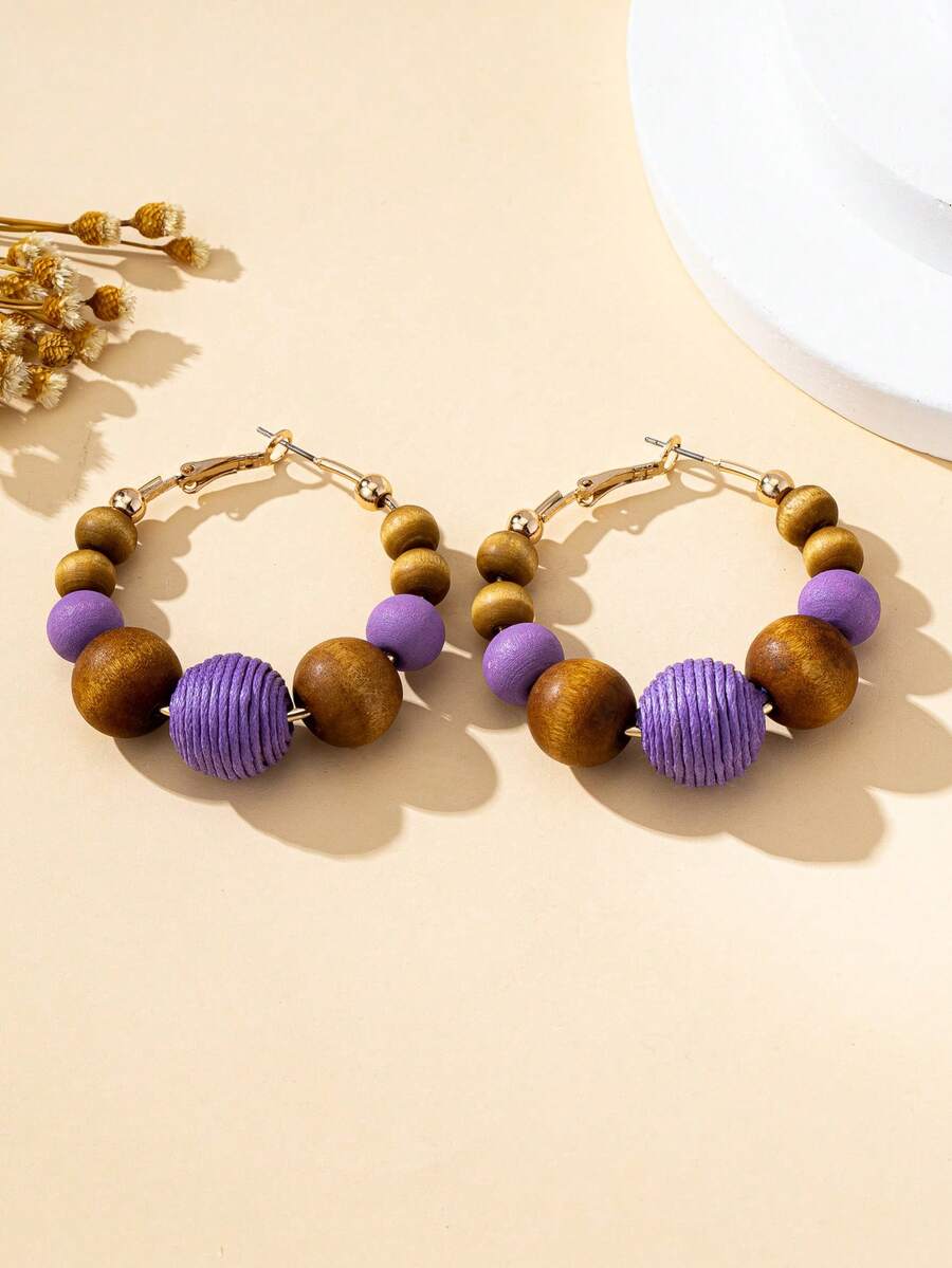 1 par de pendientes de aro de moda para mujer, pendientes de cuentas de madera con estilo bohemio, adecuados para uso diario, vacaciones y como regalo
