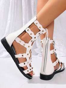 Sandálias Anabela com Decoração de Strass para Mulheres, Sapatos Abertos e Vazados com Zíper Traseiro na Moda, Sandálias de Verão Confortáveis para Uso Externo - Branco - Visão 4