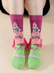 SPONGEBOB 1/2 Pair Cute Cartoon SpongeBob Magnetic Couple/Best Friends Mid-Calf Socks, Fashionable Daily Casual Wear & Date Outfit