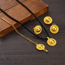 African Classic Jewelry Set, Women's Elegant Minimalist Jewelry, Golden Color Geometric Pendant Necklace, Earrings, Ring, Headchain, Saudi Arabia Bride Wedding Gift - A - View 5