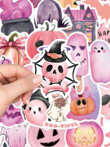 50pcs Pink Halloween Sticker Cartoon Pumpkin Decals For Laptop Luggage Computer Scrapbook Diary Phone Waterproof Sticker - Multicolor - View 3