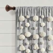 LUSH DECOR Boho Pom Pom Tassel Linen Window Curtain Panel Navy Single 52X84 Halloween-Fall Decor-Room Decor - Light Gray - 查看 3