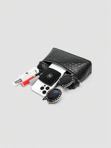 1 件纯色编织压花 PU 方形斜挎包，适合女性日常时尚搭配和外出 - 黑色 - 查看 8