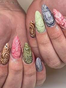 24 piezas de uñas postizas con relieve con diseños de insecto, rana, pulpo, sol y luna, dibujos en 3D y grafiti, uñas falsas creativas para salón de belleza para damas y niñas, uñas de acrílico de verano con pegamento de gelatina, 1 pieza de tira de frotado