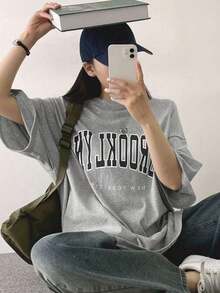 2026 Women's ClothesDAZY Letter Graphic Drop Shoulder Tee Oversized T-Shirt StreetwearLoose And Comfortablesummer Shirts - Green - View 9