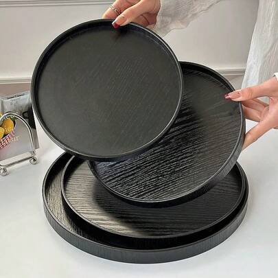 1 件黑色圆形木质托盘，高品质，适用于盛放食物、小吃、饮料、寿司、牛排、披萨、甜点、蛋糕、面包、早餐、咖啡、茶、熟食拼盘，适用于开斋节、圣诞节、万圣节