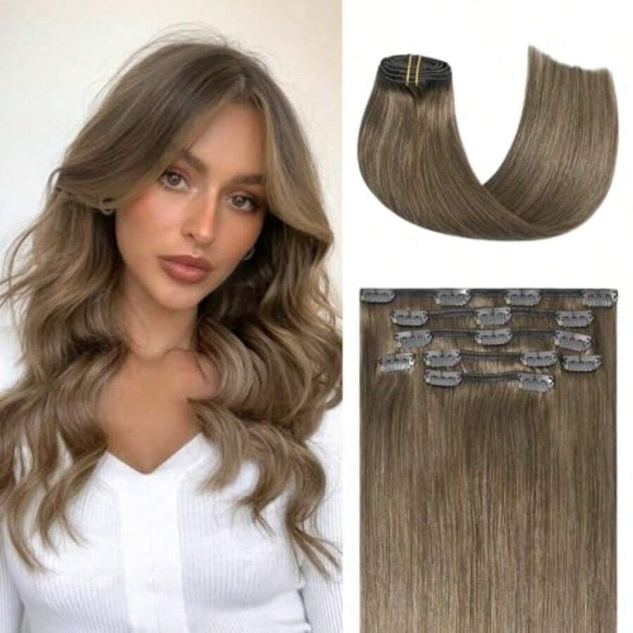 DClip In Human Hair Extensions Ash Brown Hair Extensions Real Human Hair 70g 7pcs 12Inch Silky Straight Brown Natural Hair5001 - #8灰棕色-12吋-70克 - 查看 1