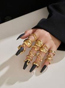 15 Stücke/Set geometrische Cut Out Metallringe, asymmetrisches Design, einfache minimalistische Damenringe, geeignet für den täglichen Gebrauch oder Urlaubsperioden