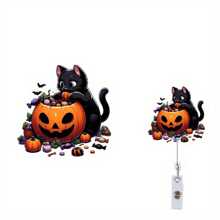 1 Stück/2 Stücke Halloween Thema Acryl Ausziehbarer Ausweishalter - Schwarze Katze & Kürbis Design, mit drehbarem Alligatorclip, geeignet für Krankenschwestern, Ärzte, Medizinstudenten, Büromitarbeiter und Halloween-Fans, Halloween Dekoration