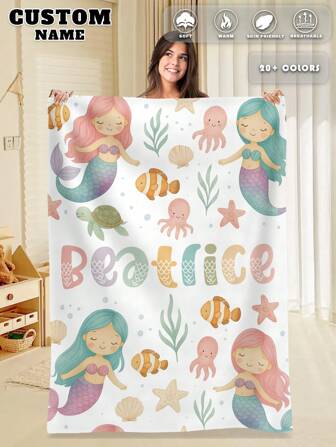 1pc Custom Name Blanket For Bed, Multipurpose Living Room Sofa Outdoor Beach Camping Pet, Personalized Family/Pet/Couple Text Printed Bedding Blanket, Personalized Christmas Gifts, Family Gift, Birthday Gifts, Gift For Friend, Gift For Her,