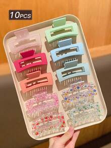 10pcs Women's Colorful, Soft & Slouchy, Minimalist Versatile Solid Square Hair Clips, Suitable For Daily Wear And Parties, Recommended As Gift Hair Accessories Vacay Beach Claw Clips - Multicolor - View 3