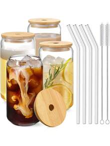 4pcs/set 500ml Transparent Heat-resistant Glass With Sealing Bamboo Cover Drinking Cup Including 4 Straws, 2 Brushes - Clear - View 13