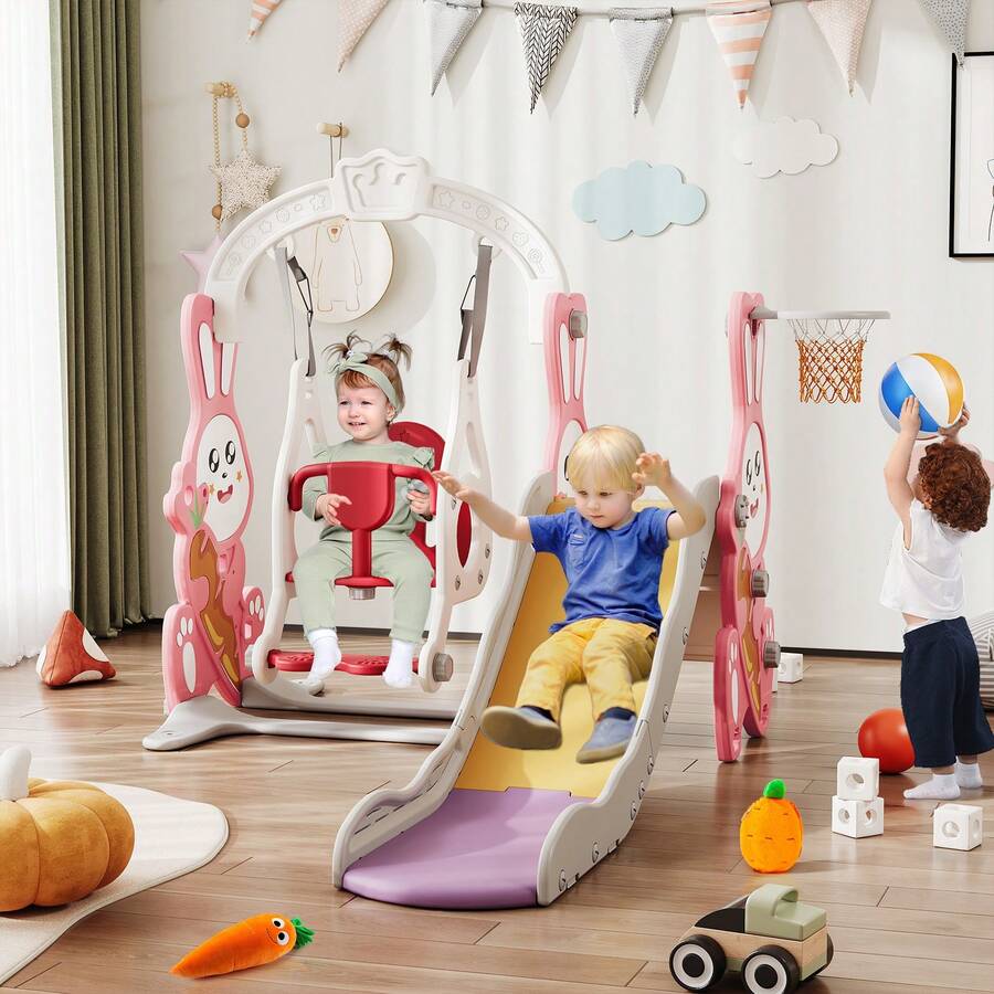 Indoor Slide For Children, 4 In 1 Children's Slide And Swing For 1-3 Years, Rabbit-Shaped, With Basketball Stand, Climbing Ladder, Swing Slide, Slide For Indoors And Outdoors, Pink