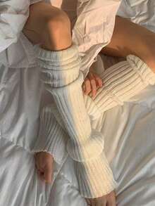 半双装女士大象罗纹针织长腿套，舒适学院风，过膝长款，适合各种日常穿着，温暖舒适