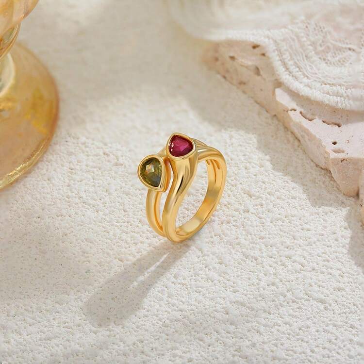1pc 18K Gold Plated Copper Colorful Zirconia Leaf Design Ring, Vintage Luxury Teardrop Rhinestone Decorated Finger Ring - Ring - View 3