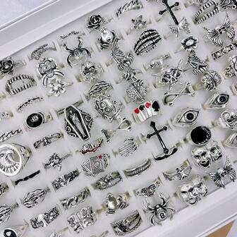 28pcs/Pack Vintage Spider & Butterfly Zinc Alloy Rings Set, Punk & Hip Hop Mixed Styles, Couples Rings For Party, Wedding, Daily Wear, Jewelry Accessories, Random Delivery In OPP Bag