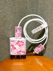 4 件粉色夏季芙蓉花手机充电器保护壳，数据线整理器套装 - 20W/18W 充电器适配器，适配器头盖，兼容 Apple 11/12/13/14/15/16/13promax/16promax，男女通用的礼物，数据线保护器，充电器配件，手机配件