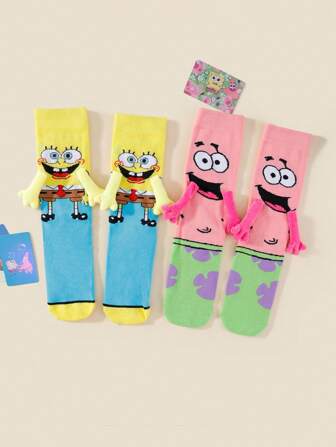 SPONGEBOB 1/2 Coppia Di Nuovi Calzini Alla Caviglia Unici E Carini Con Magneti A Tema Spongebob, Stile Giapponese/Coreano Per Innamorati E Migliori Amici, Primavera/Autunno