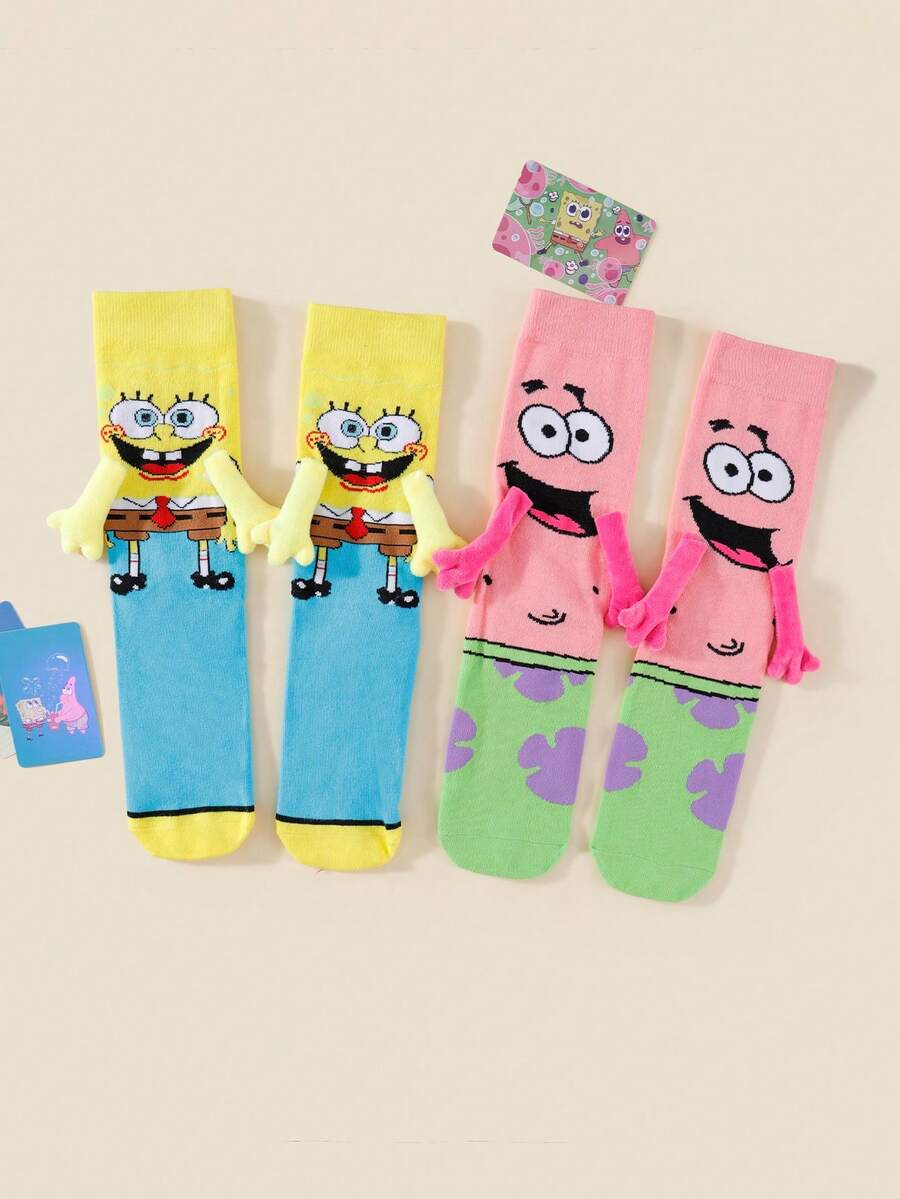 1/2 Pair New Cute Cartoon SpongeBob Unique Magnetic Couple Socks, Japanese/Korean Style Mid-Calf Socks For Lovers & Best Friends, Spring/Autumn - Multicolor - View 1
