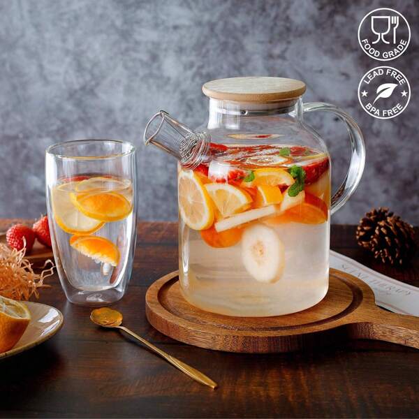 1 Pc Clear Borosilicate Glass Teapot 1.8L With Natural Bamboo Lid - Stovetop Safe Includes Tea Infuser Clear Elegant Pot For Hot/Cold Tea Brewing | Kitchen Decor Gift