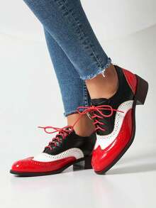 Women's Pointed Toe Lace-Up Brogue Pumps Fashion Mixed Colors Patchwork Block Chunky Heel British Style Flat Oxford Shoes - 紅色 - 查看 2