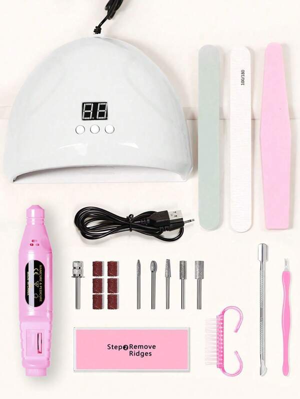 Set di 15 pezzi per manicure, include lampada UV, strumento per rimozione unghie, lima per unghie, spingicuticole, spazzola per polvere, lima per unghie, rimuovi cuticole