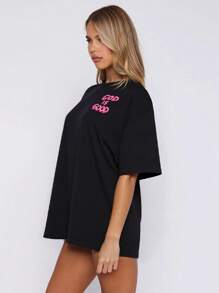 Große Größen "Gott ist gut" Christlicher Frauen Rundhals Kurzarm T-Shirt, bequeme lässige Passform, rosa Schriftzug Grafik vorne und hinten, minimalistische Stil Bekleidung