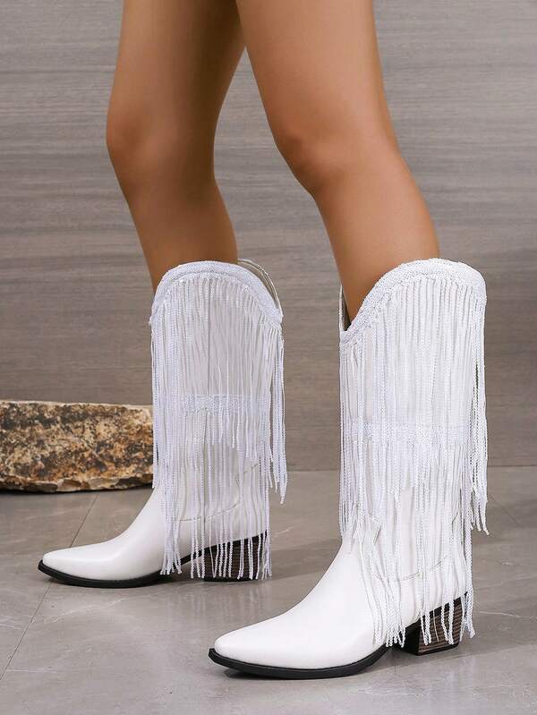 Damen Herbst/Winter Neue asymmetrische Fransen High Heel Spitzschuh weiße Reitstiefel, modische Kniehohe Stiefel