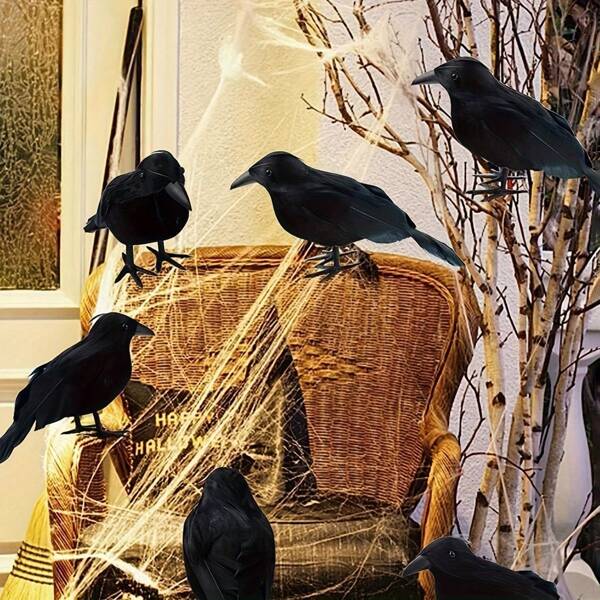 2 piezas de cuervos realistas, cuervos de plumas negras de tacto real, decoraciones de Halloween, cuervos de plumas artificiales hechos a mano, decoraciones para interiores y exteriores, decoración de fiesta de Halloween